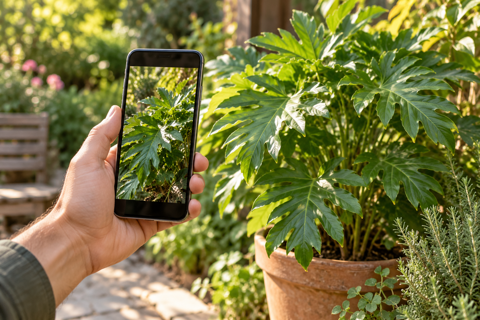 Mão segurando celular diante de uma planta com folhas verdes em um jardim.