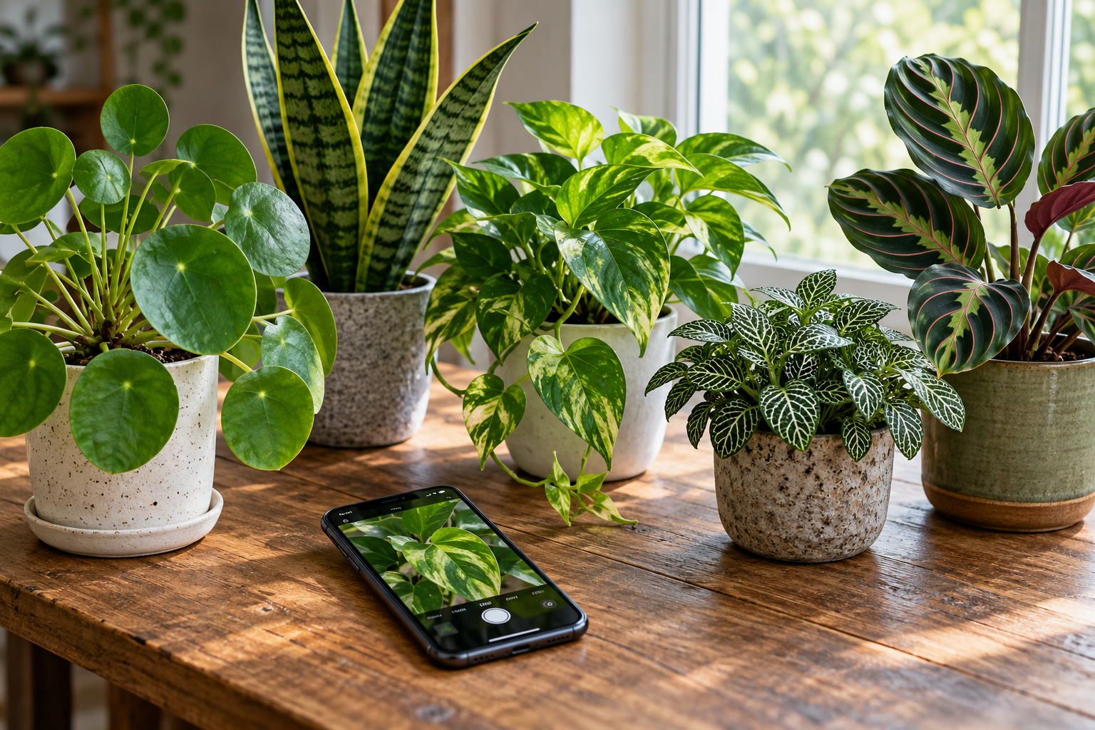 Cinco plantas em vasos e um celular sobre mesa de madeira, próximos a uma janela.