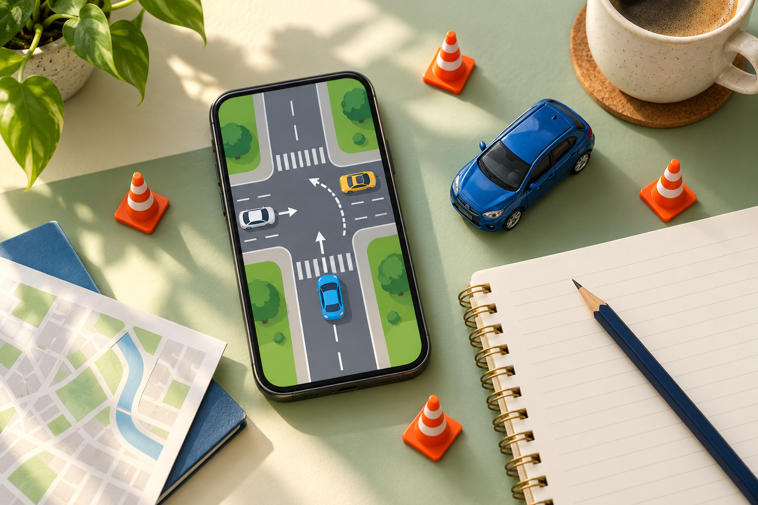 Celular com ilustração de trânsito, carro em miniatura, cones e caderno sobre uma mesa.