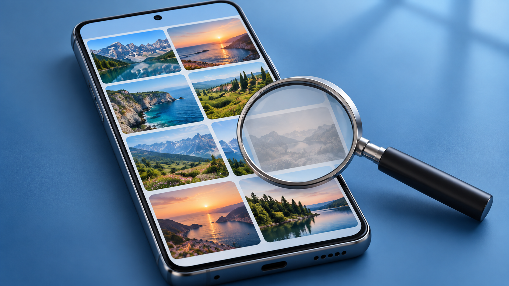 Ilustracija mobilnega telefona s sličicami fotografij in povečevalnim steklom.