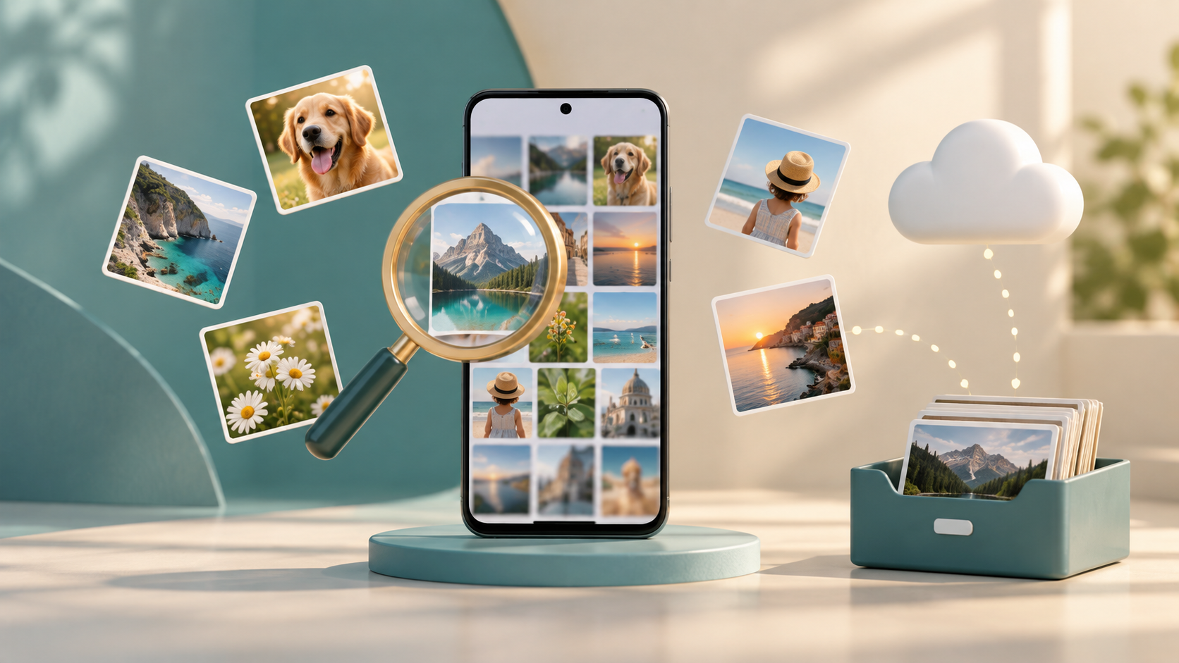Ilustracija mobilnega telefona, fotografij, povečevalnega stekla, oblaka in škatle za datoteke.